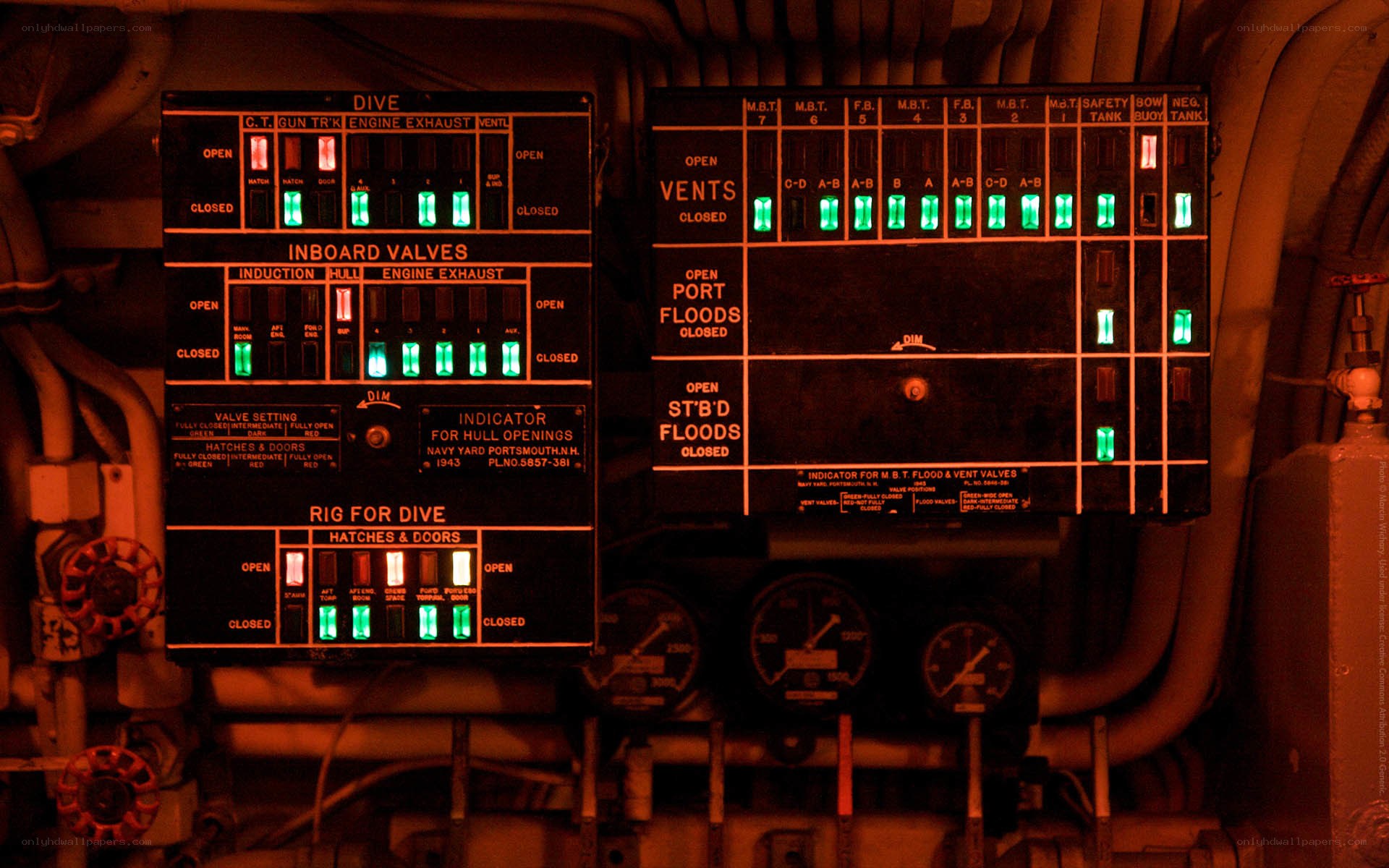 Submarine control panel at night