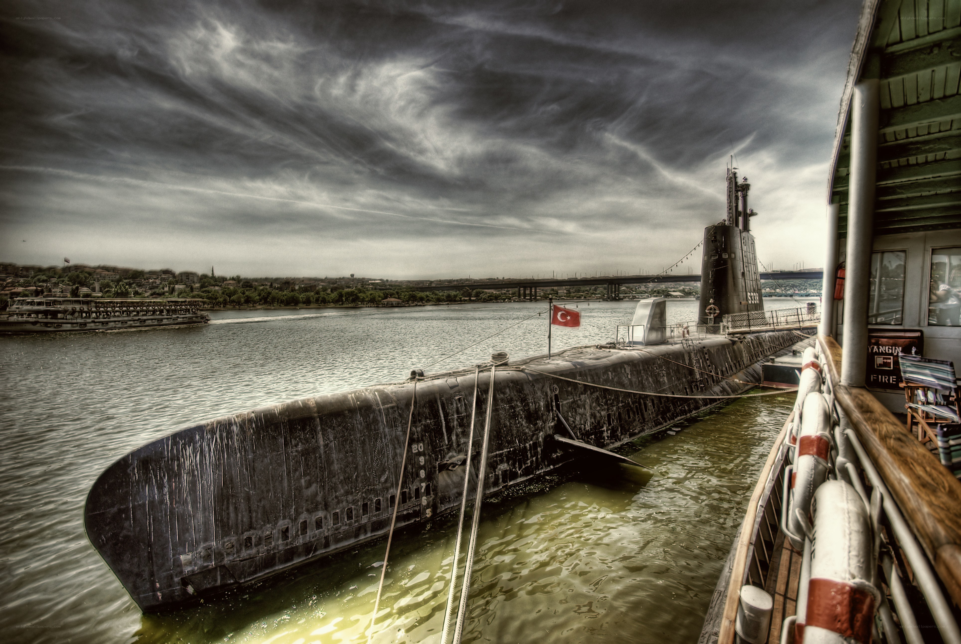 Submarine docked at a port