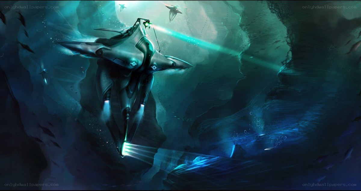 Submarine exploring underwater cave