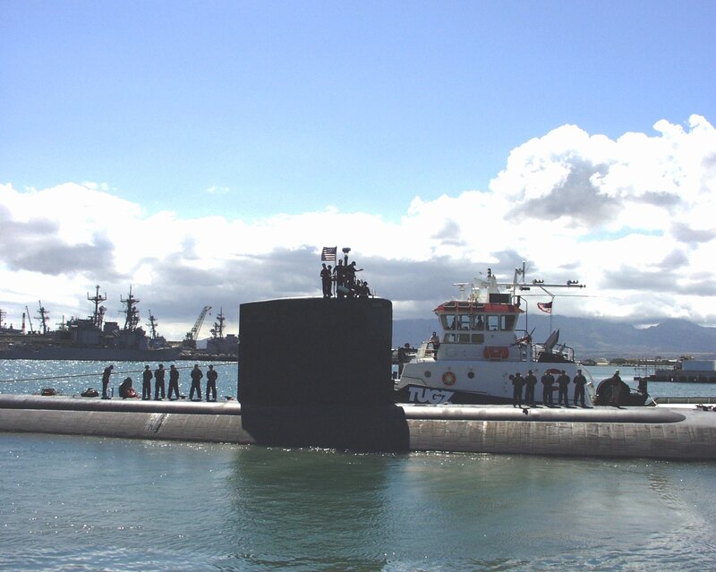 Submarine in Harbor — Blue, Calm, Afternoon, Photograph, Ship