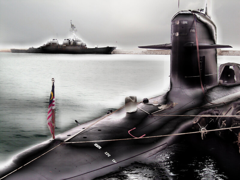 Submarine in Harbor — Gray, Dramatic, Photograph