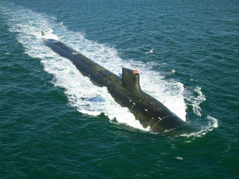 Submarine in Ocean — Blue, Calm, Afternoon, Photograph, Wake, Periscope, Green