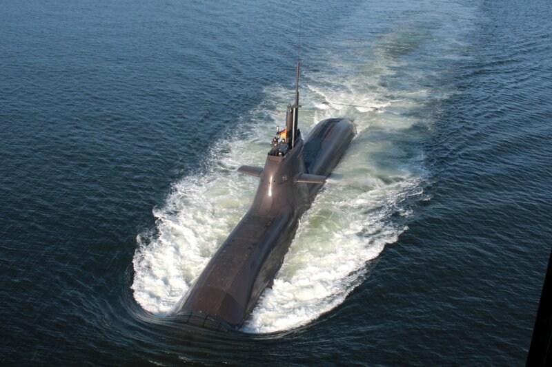 Submarine in Ocean — Blue, Calm, Afternoon, Photograph, Wake, Periscope