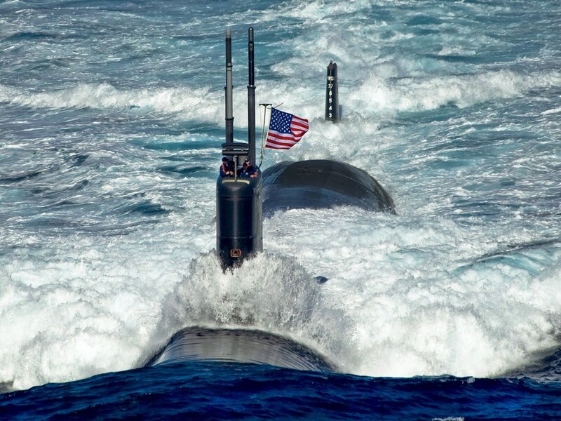 Submarine in Ocean — Blue, Dramatic, Afternoon, Photograph, American Flag