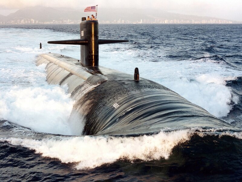 Submarine in Ocean — Blue, Dramatic, Afternoon, Photograph, Flag