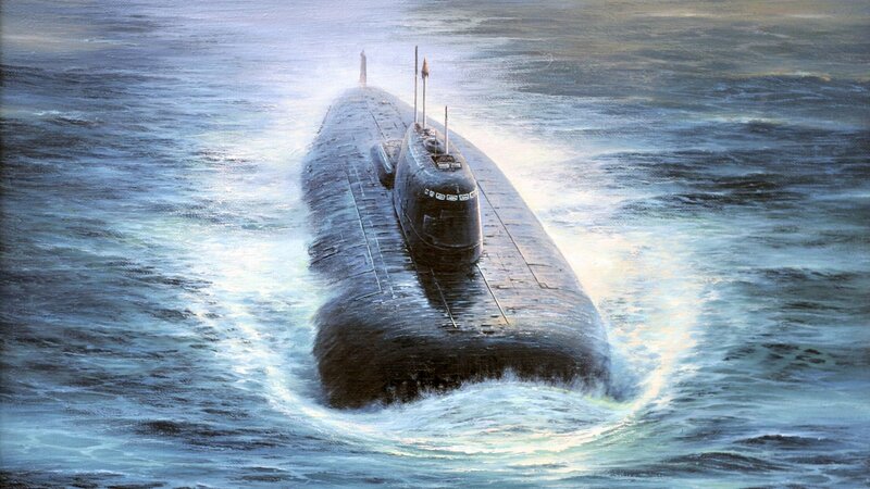 Submarine in Ocean — Blue, Dramatic, Painting
