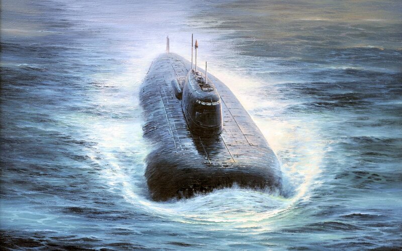 Submarine in Ocean — Blue, Dramatic, Painting, Waves, Periscope