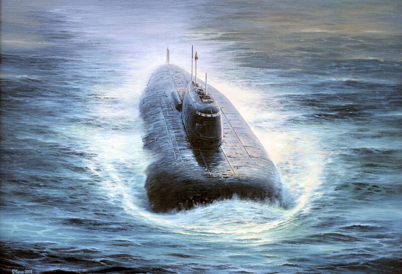 Submarine in Ocean — Blue, Dramatic, Painting, Waves