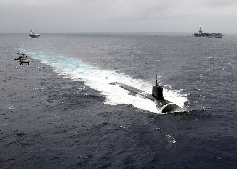 Submarine in Ocean — Blue, Dramatic, Photograph, Helicopter