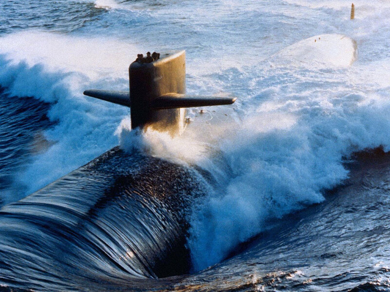 Submarine in Ocean — Blue, Dramatic, Photograph