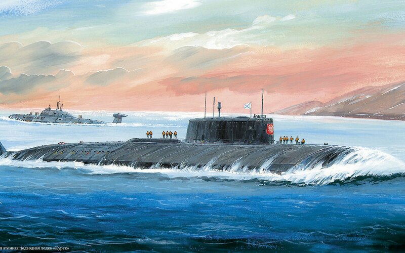 Submarine in Ocean — Blue, Dramatic, Sunset, Painting