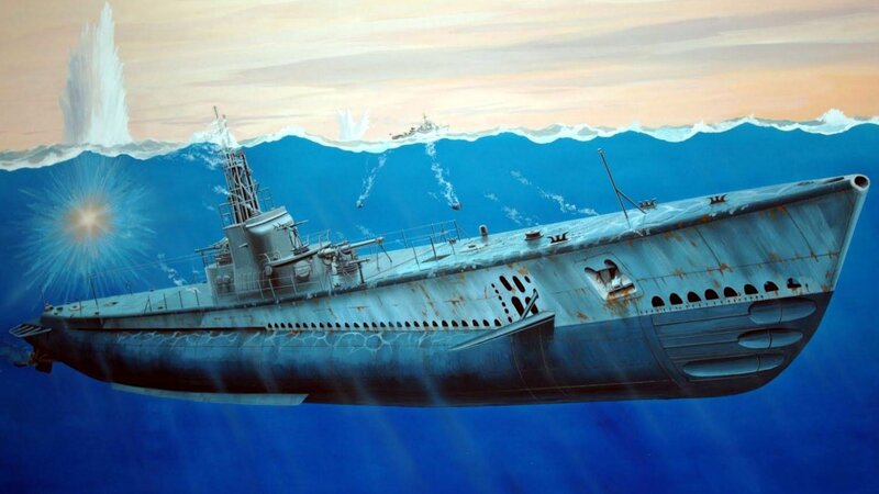 Submarine in Ocean — Blue, Dramatic, Sunset