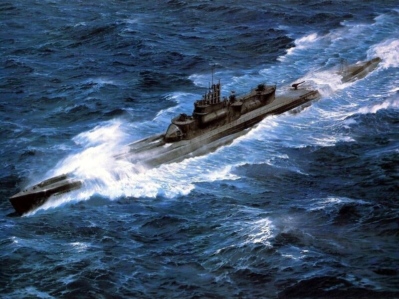 Submarine in Rough Sea — Blue, Dramatic, Digital Art