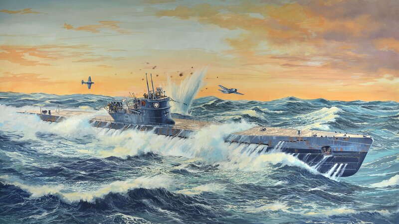 Submarine in Rough Sea — Blue, Dramatic, Sunset, Illustration