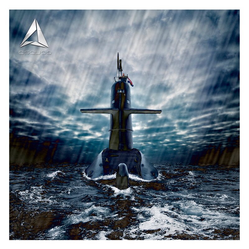 Submarine in Stormy Sea — Blue, Dramatic, Digital Art