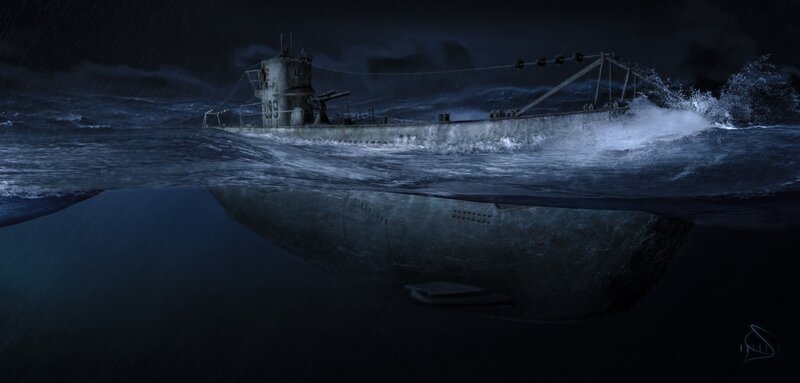 Submarine in Stormy Sea — Blue, Dramatic, Night, Digital Art