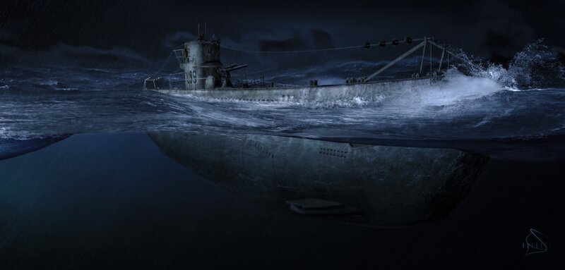 Submarine in Stormy Sea — Blue, Dramatic, Night