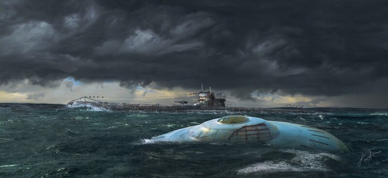Submarine in Stormy Sea — Gray