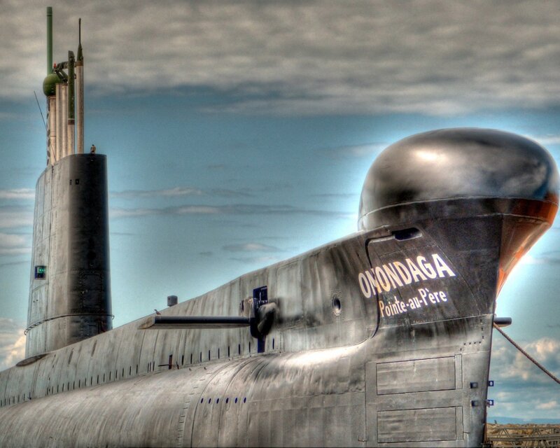 Submarine on Display — Gray, Dramatic, Photograph