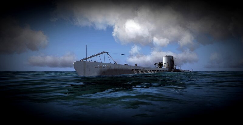 Submarine on Ocean Surface — Blue, Dramatic, Afternoon, 3d Render