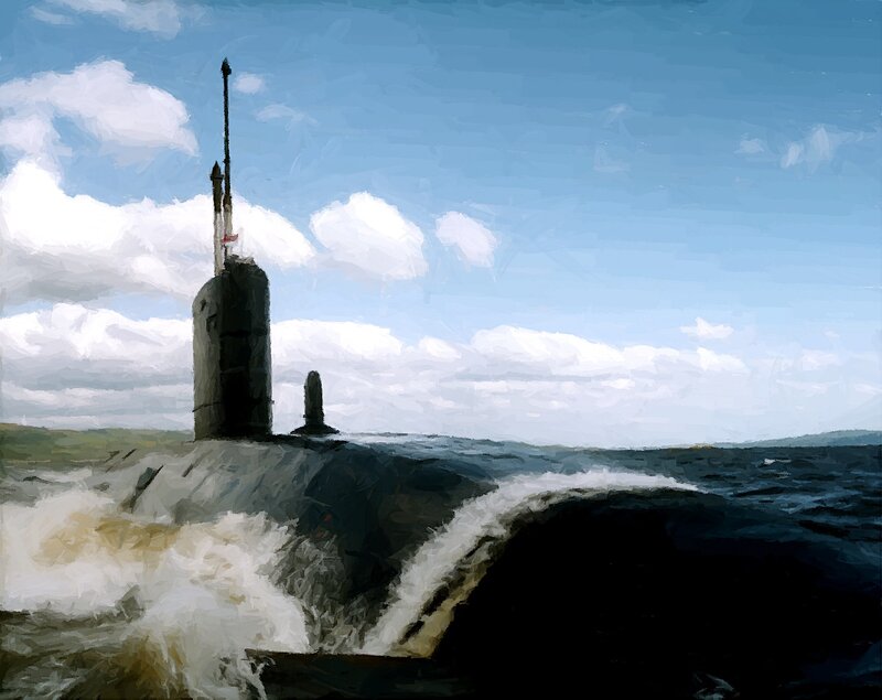 Submarine on Ocean Surface — Blue, Dramatic, Afternoon, Digital Art