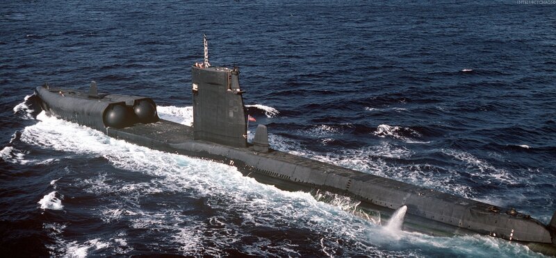 Submarine on Ocean Surface — Blue, Dramatic, Afternoon, Photograph