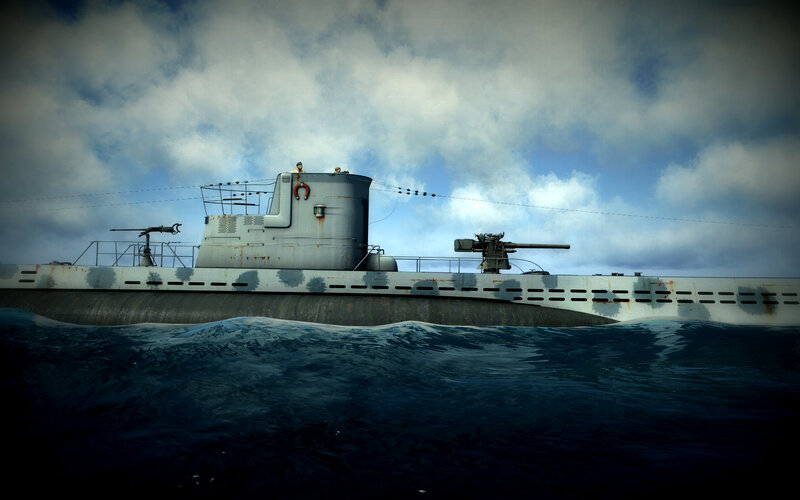 Submarine on Ocean Surface — Blue, Dramatic, Afternoon