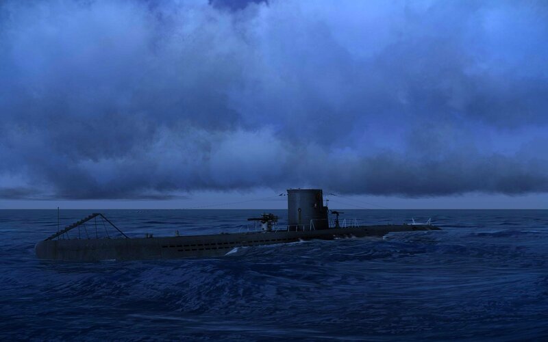 Submarine on Ocean Surface — Blue, Dramatic