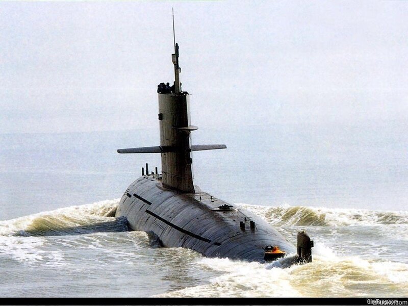 Submarine on Ocean Surface — Gray, Calm, Photograph, Periscope