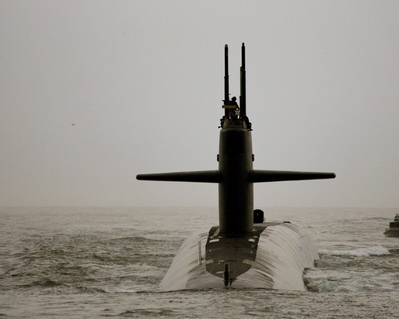 Submarine on Ocean Surface — Gray, Overcast, Photograph, People
