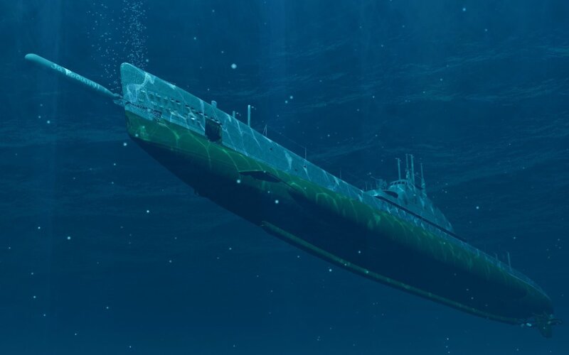 Submarine Underwater — Blue, 3d Render, Bubbles, Periscope
