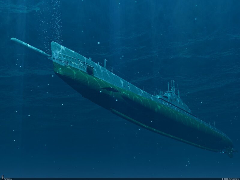 Submarine Underwater — Blue, 3d Render, Bubbles