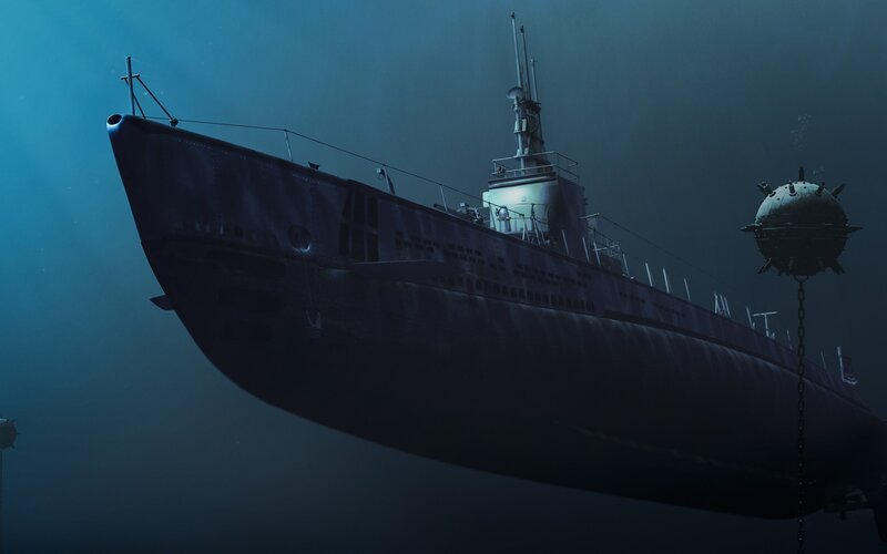 Submarine Underwater — Blue, Dramatic, Digital Art, Torpedo