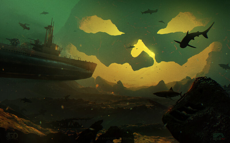 Submarine Underwater — Green, Dramatic