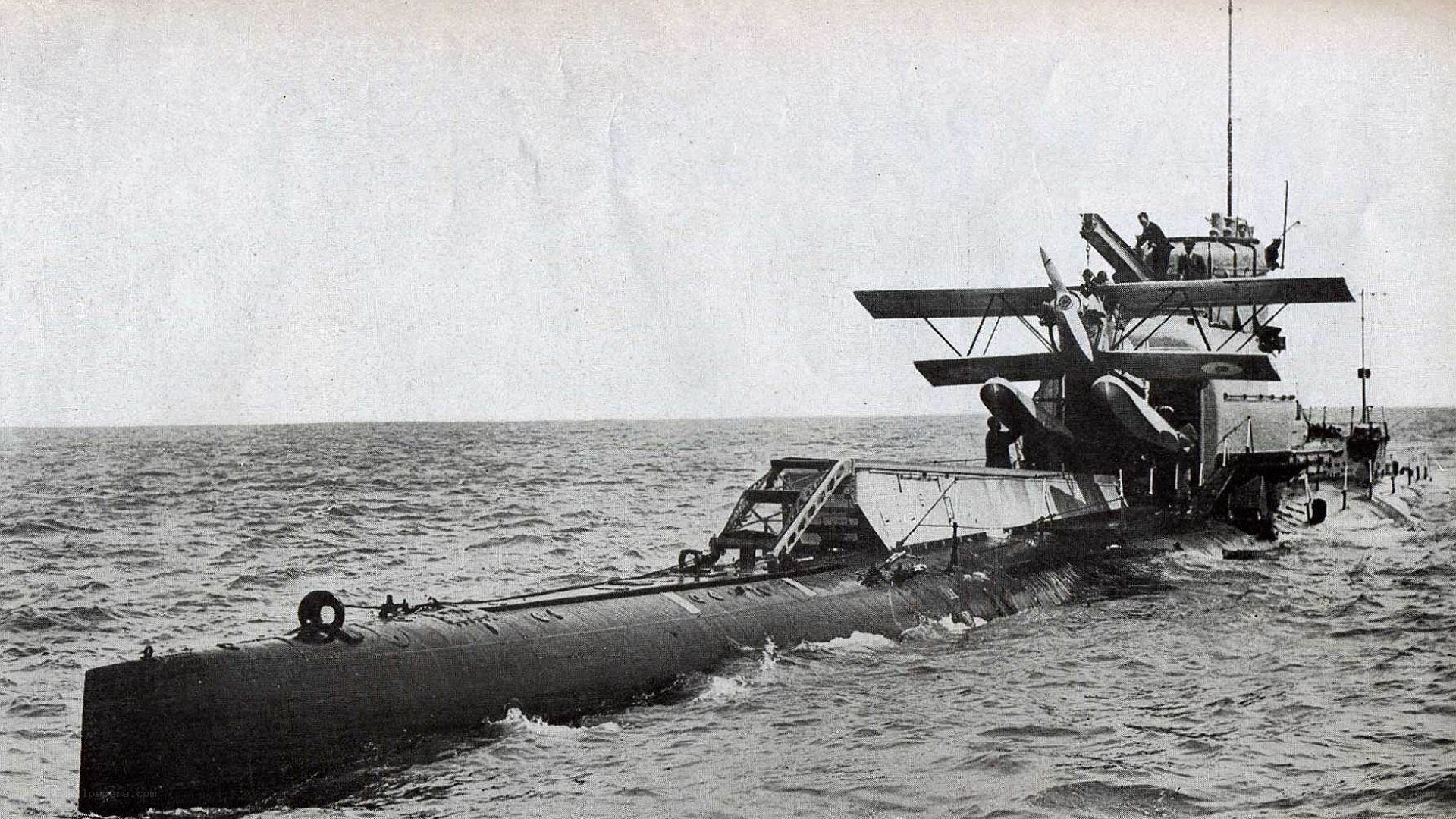 Submarine with aircraft on deck
