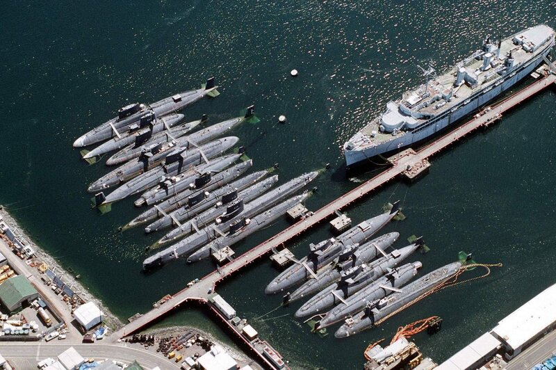 Submarines in a naval port