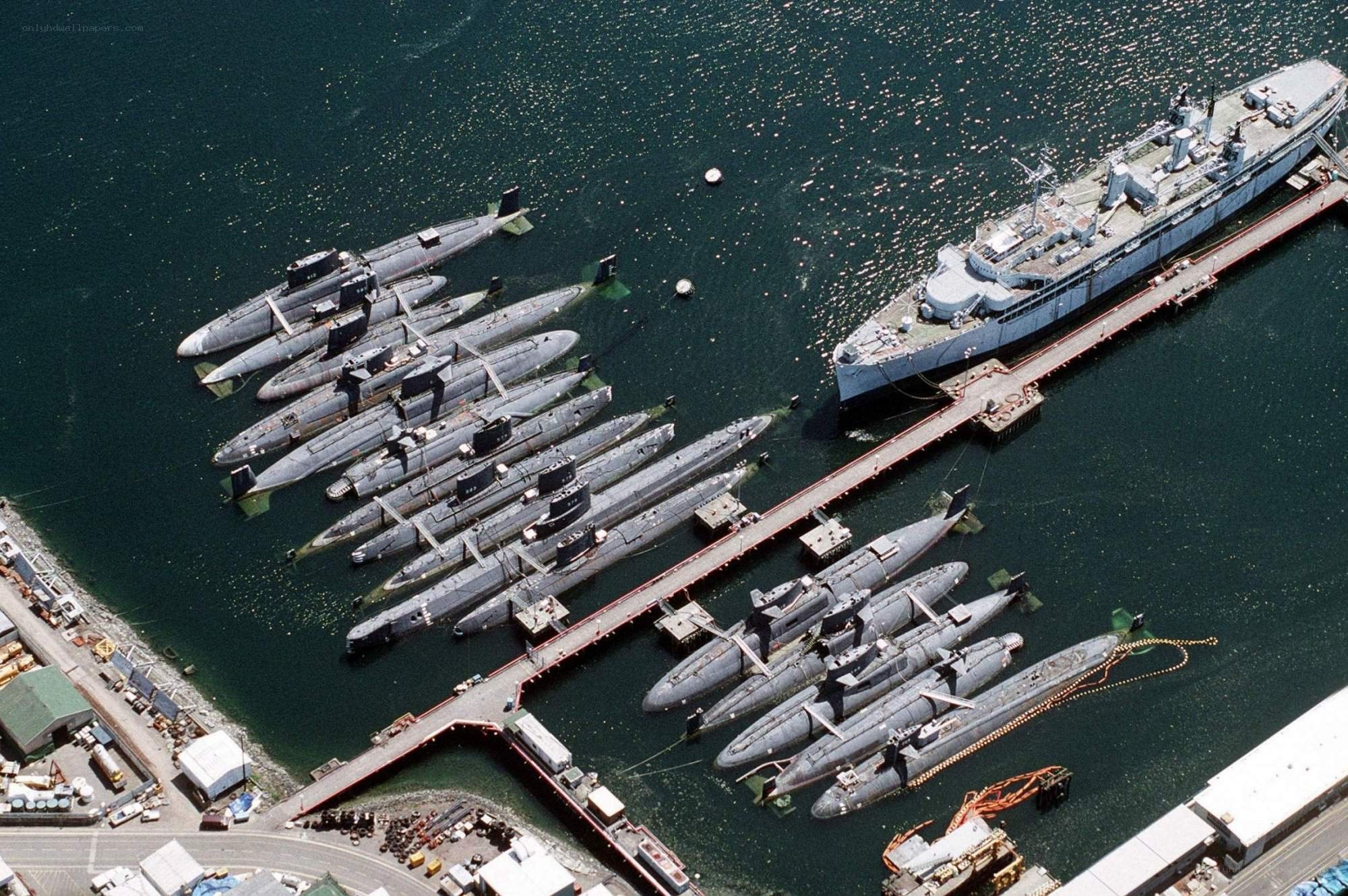 Submarines in a naval port