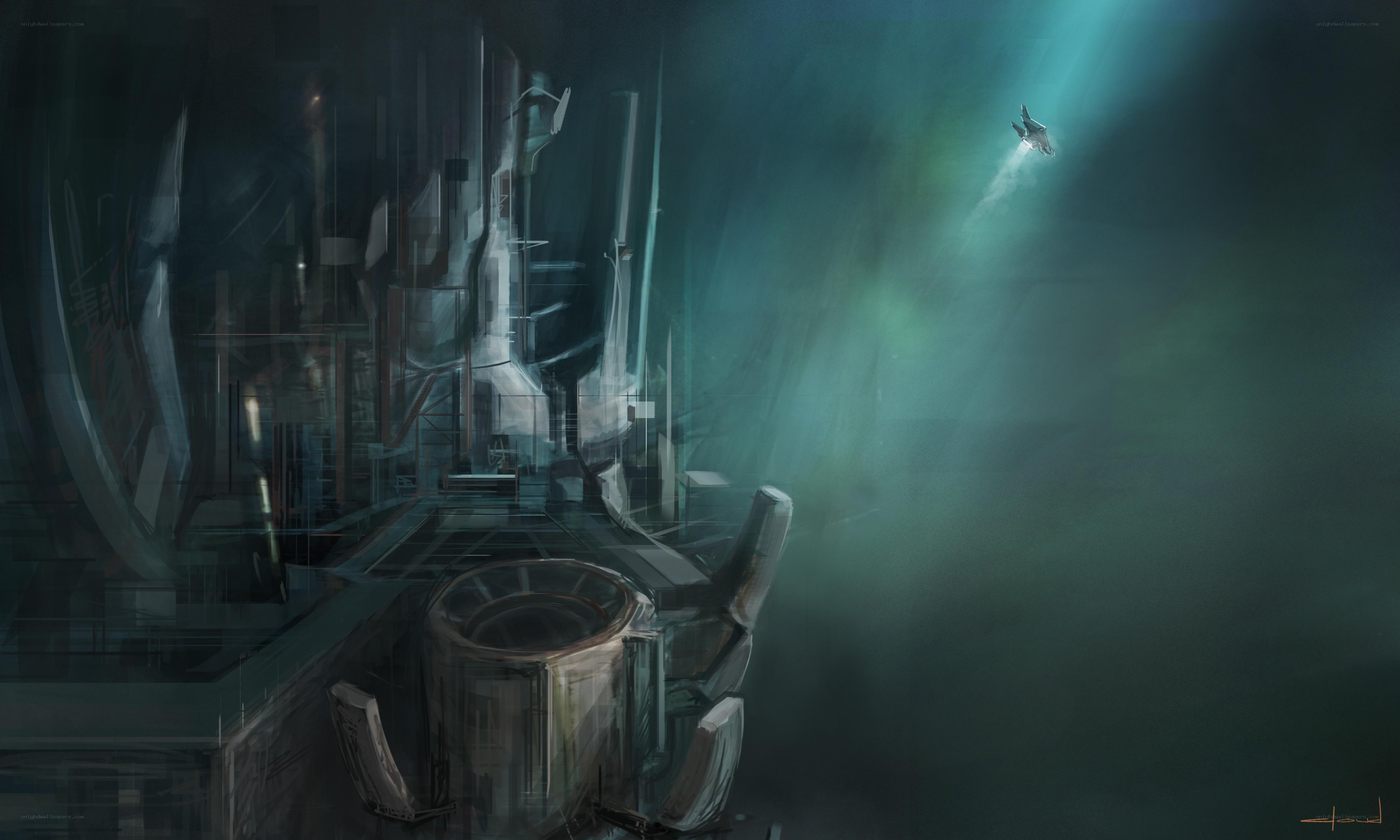 submerged facility with spacecraft