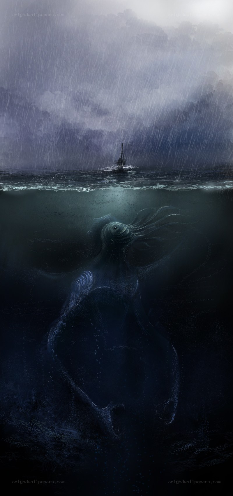 Submerged sea monster in storm
