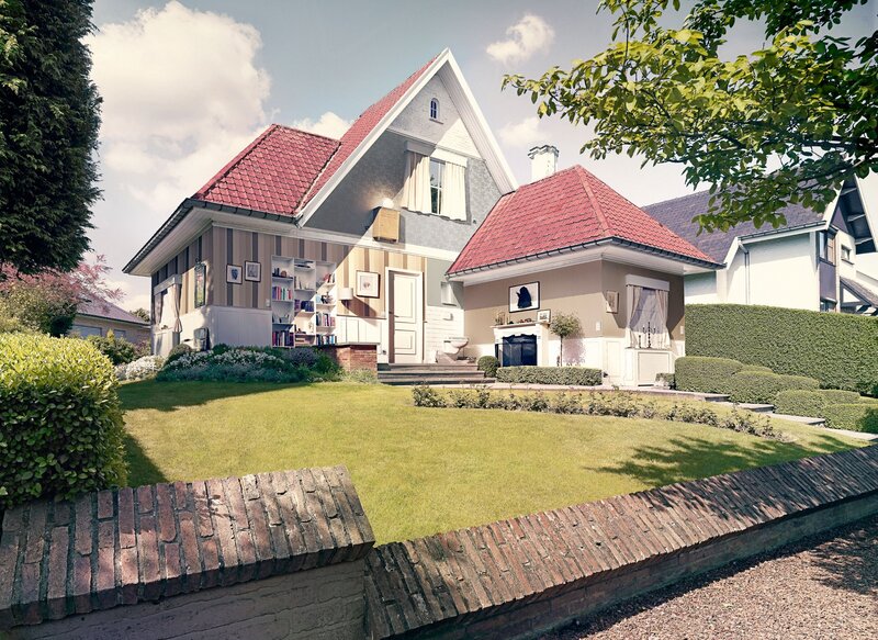 suburban house with red roof