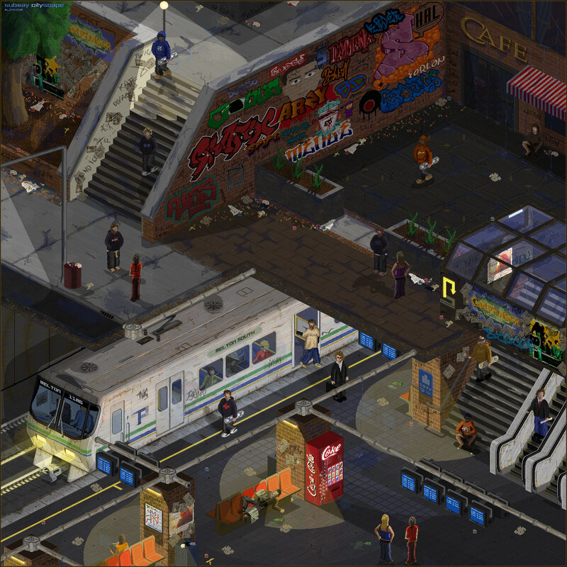 Subway station with graffiti and people