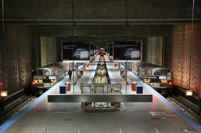 Subway station with two trains