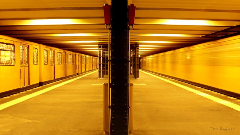 Subway station with yellow lighting