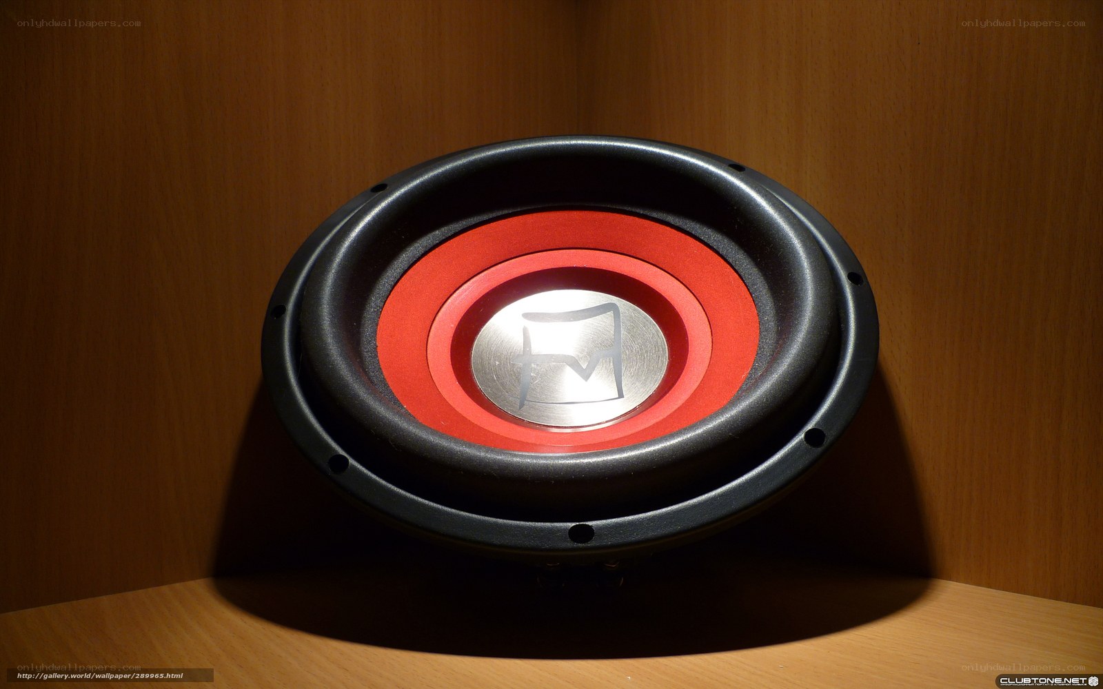 subwoofer on wooden surface