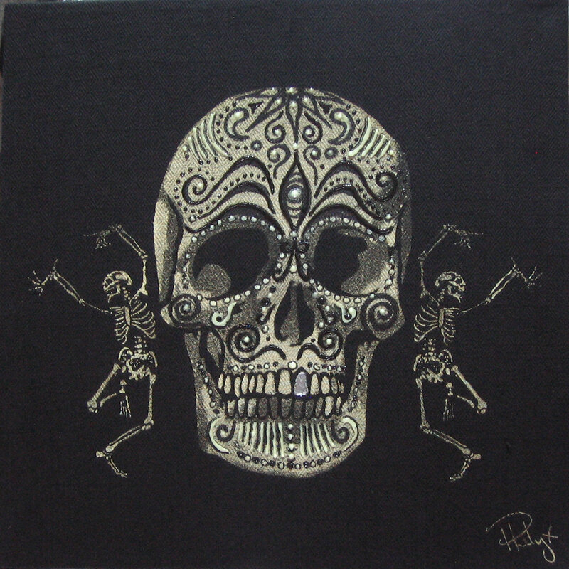 sugar skull with dancing skeletons