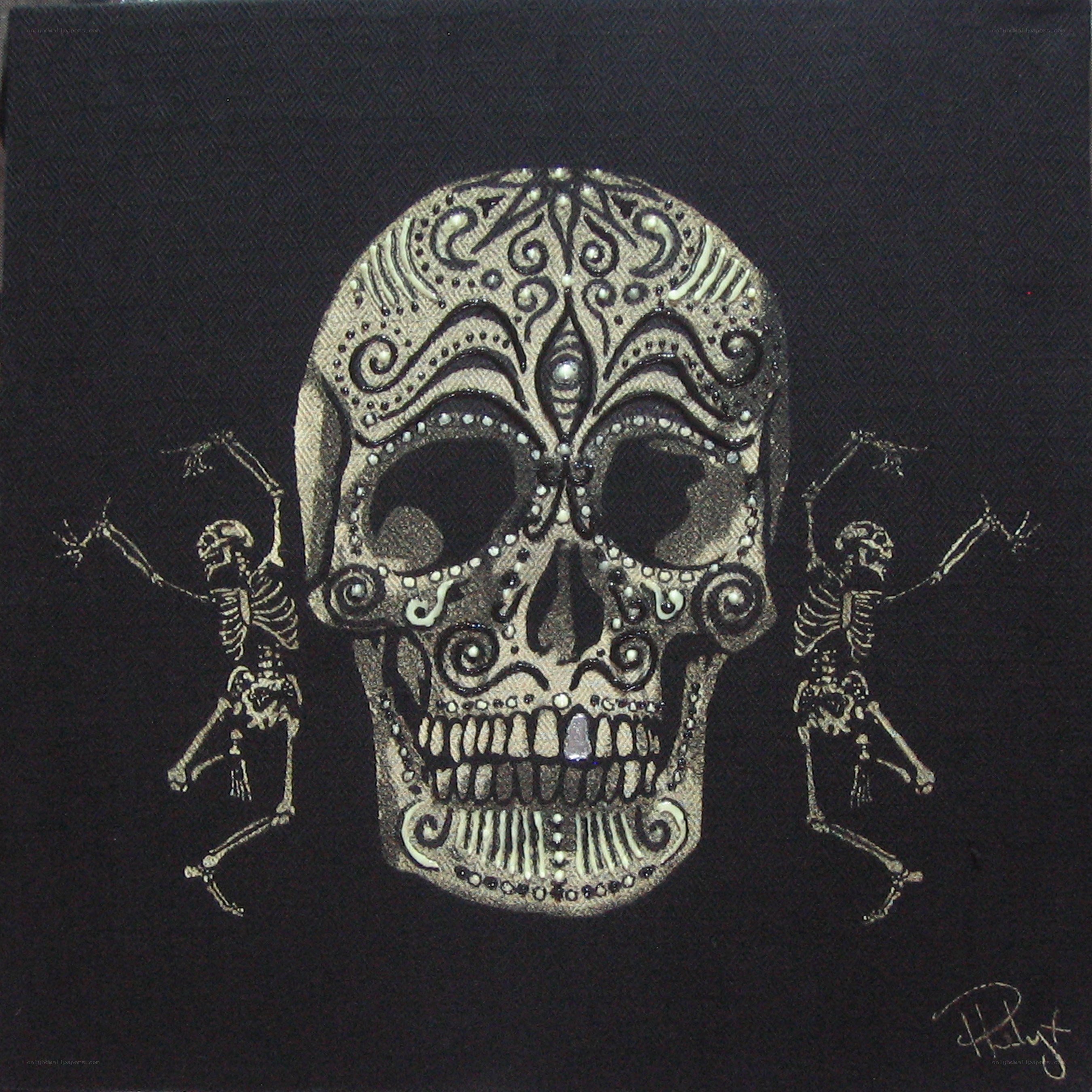 sugar skull with dancing skeletons