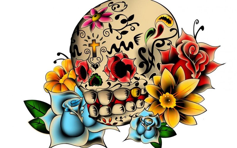 Sugar Skull with Flowers — Yellow