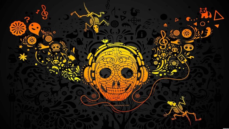 Sugar Skull with Headphones — Black, Festive