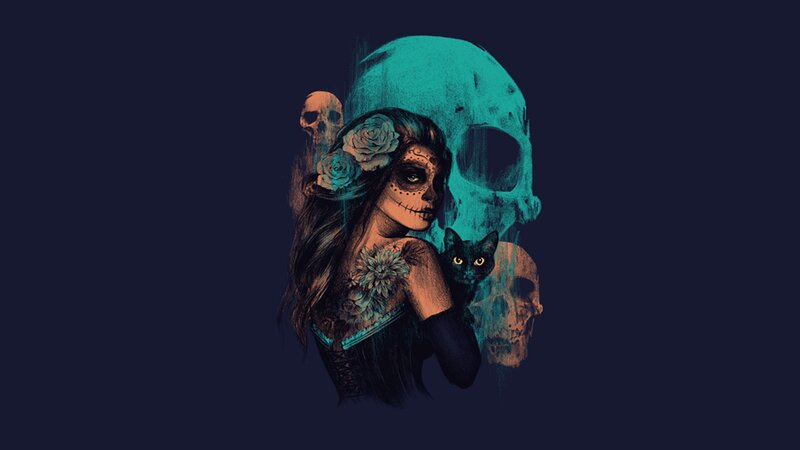 sugar skull woman with cat