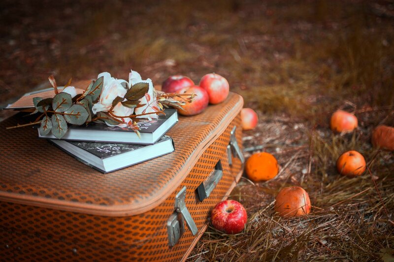 Suitcase with Books and Apples